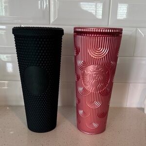 Starbucks Textured Forest Green and Pink cold cups